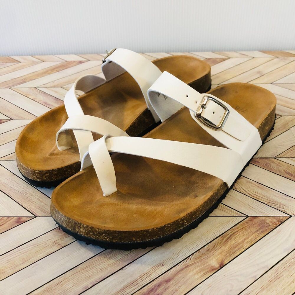 White Brown Toe Loop Strap Buckle Flat Sandals - image 2